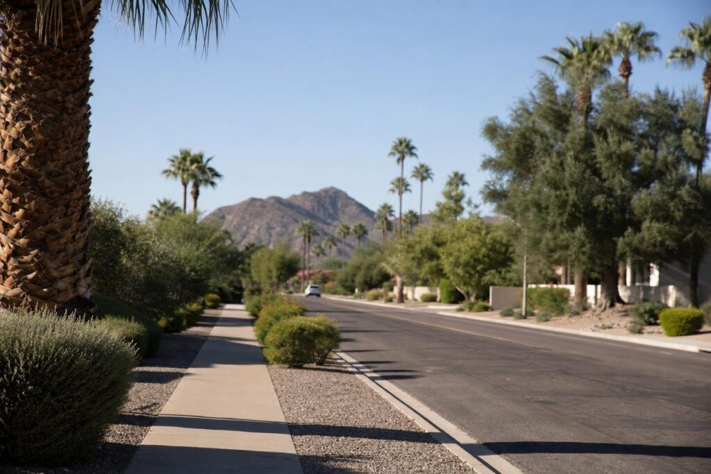 A suburban street lined with palm trees and shrubs, leading toward distant mountains under a clear blue sky.