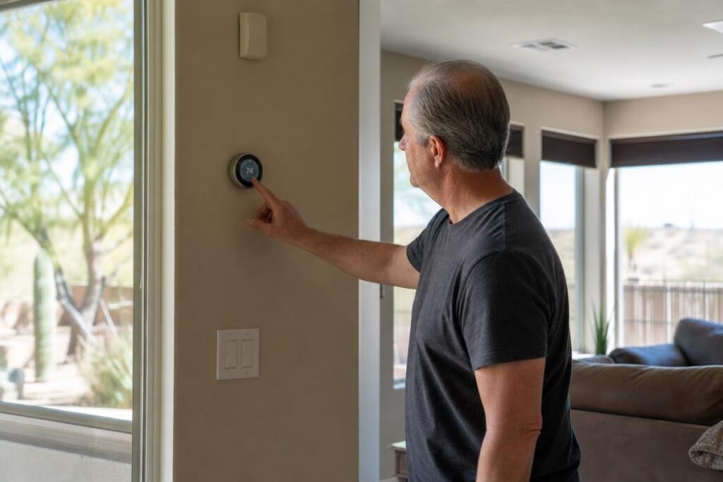 A man adjusts a smart thermostat on a wall in a modern living room with large windows and natural light.