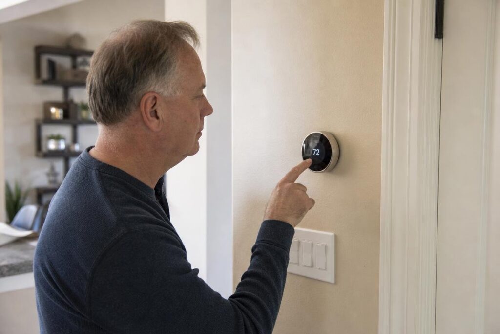 A man adjusts a smart thermostat on a beige wall in a home, setting the temperature to 72 degrees.