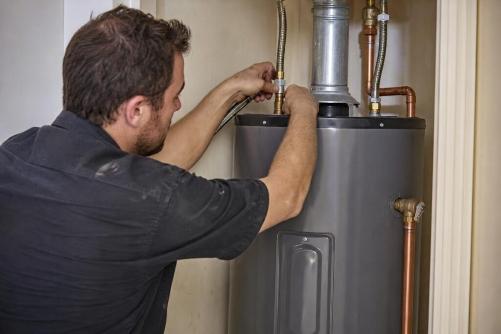 A man in a black shirt uses a wrench to adjust fittings on top of a gray water heater installed in a utility closet.