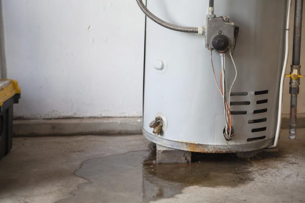 A water heater sits on a concrete floor with a visible leak forming a puddle underneath.