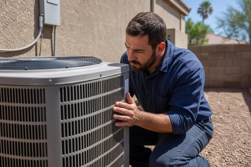 A man in a blue shirt inspects an outdoor air conditioning unit next to a house on a sunny day.