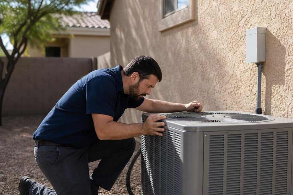 A man in work clothes inspects an outdoor air conditioning unit next to a house.