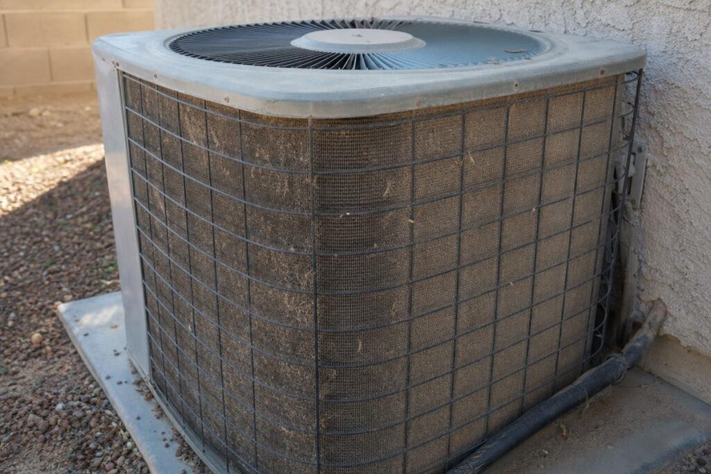 A dirty outdoor air conditioning unit sits on a concrete pad next to a building wall, with visible dust and debris on the metal exterior.