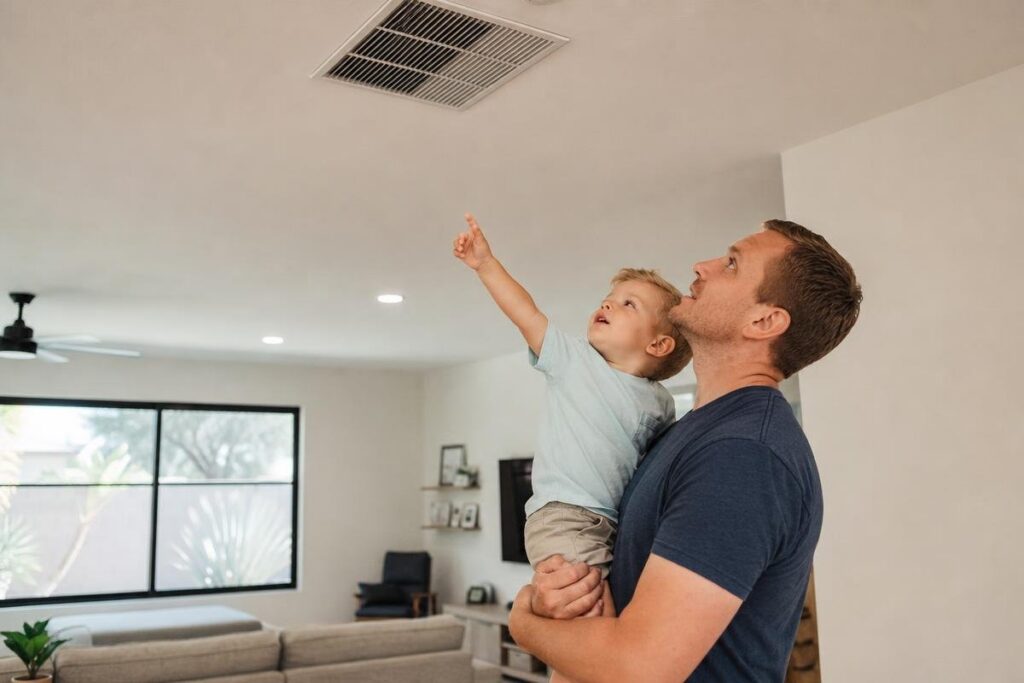 A man holds a young child who is pointing up at an air vent on the ceiling in a living room.
