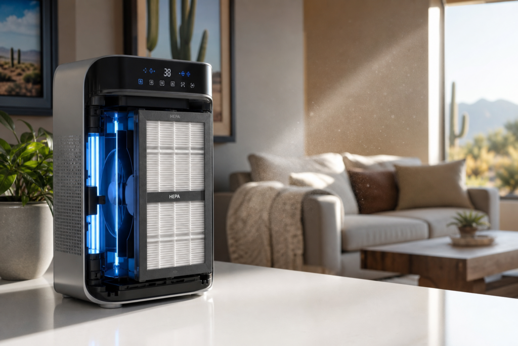 A modern air purifier with a visible HEPA filter stands on a table in a bright living room with sunlight, a sofa, and desert-themed decor.