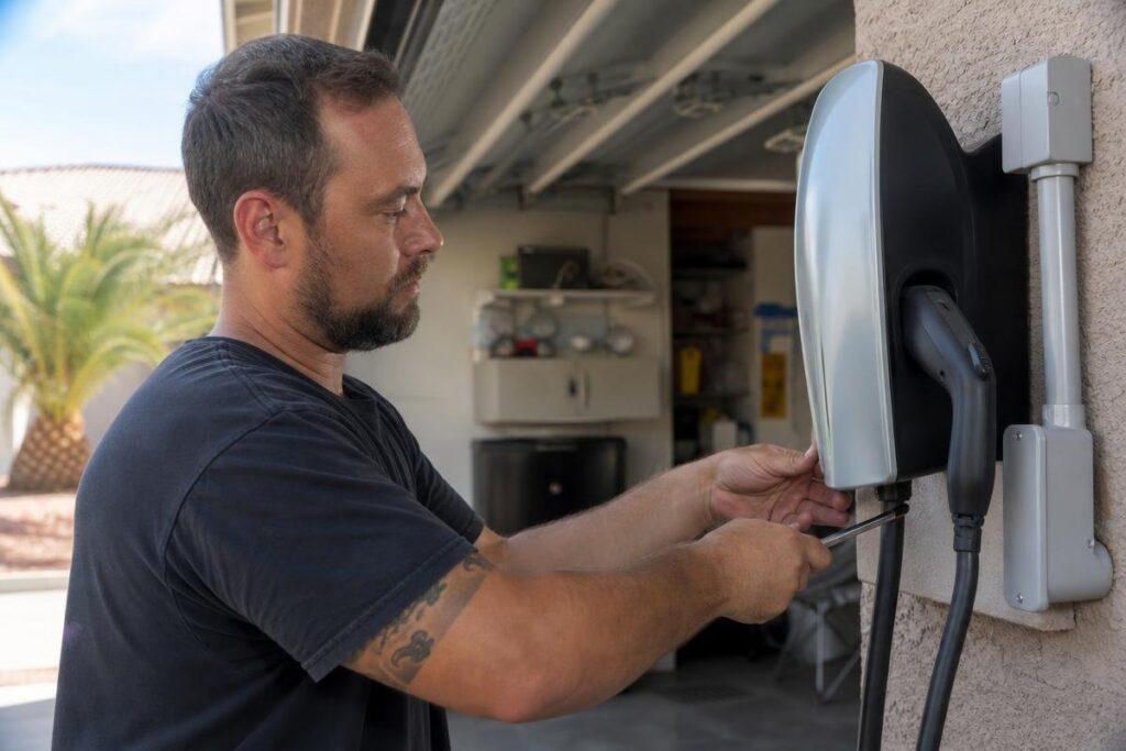 Man uses a screwdriver to install or repair an electric vehicle charging station mounted on a wall in a residential garage.