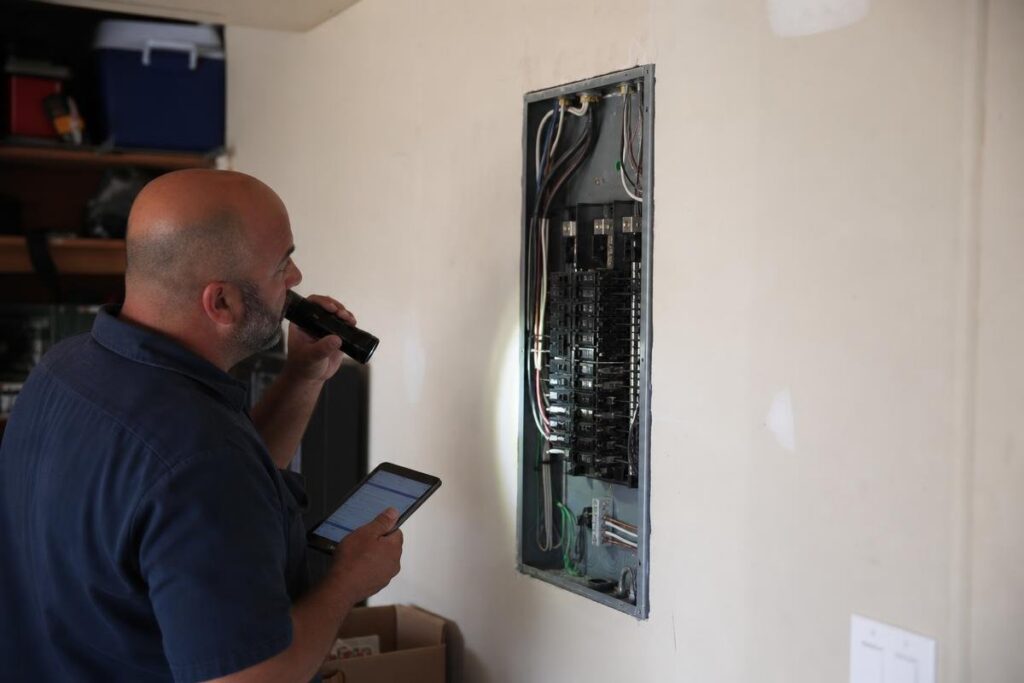 A man inspects an electrical panel with a flashlight while holding a tablet in his other hand.