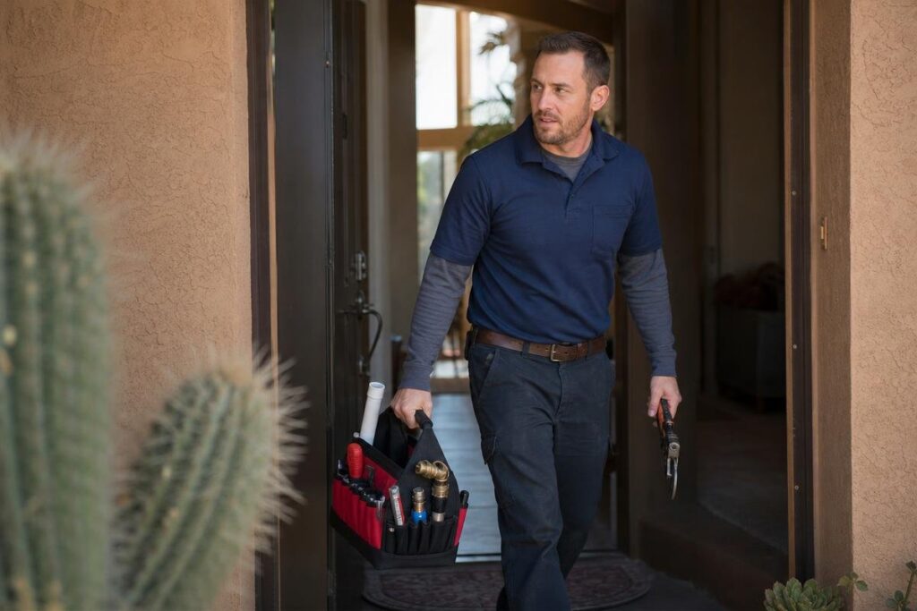 A man in a blue shirt carries a red tool bag and a wrench while walking out of a house with cacti visible in the foreground.