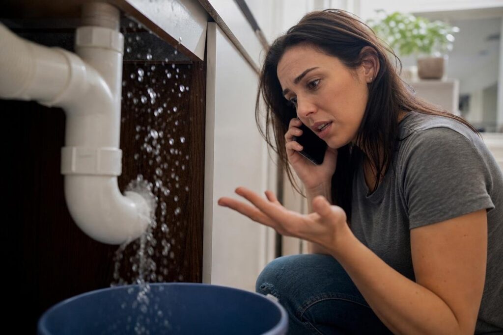 Woman on phone looks frustrated, kneeling beside a leaking pipe under a sink, with water dripping into a bucket.